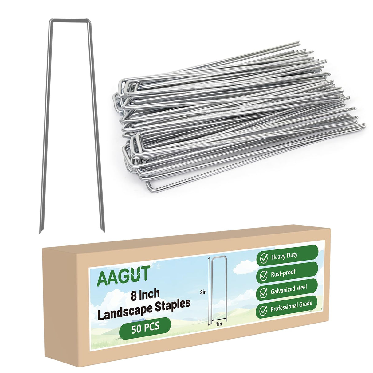 AAGUT Landscape Staples 8 Inch Galvanized Anti-Rust Garden Stakes 11 Gauge
