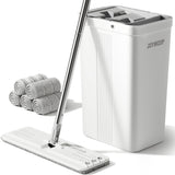 JOYMOOP Mop and Bucket with Wringer Set, White Flat Squeeze Mop Bucket Set for Floor Cleaning, Wet Dry Mop for Walls, Wall Cleaner with Long Handle, Hardwood Floor Mop-5 Microfiber Cloths