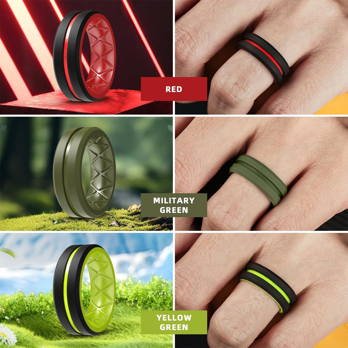 Egnaro Men's Silicone Rings, 8mm Wide Two Tone Rubber Wedding Band for Him