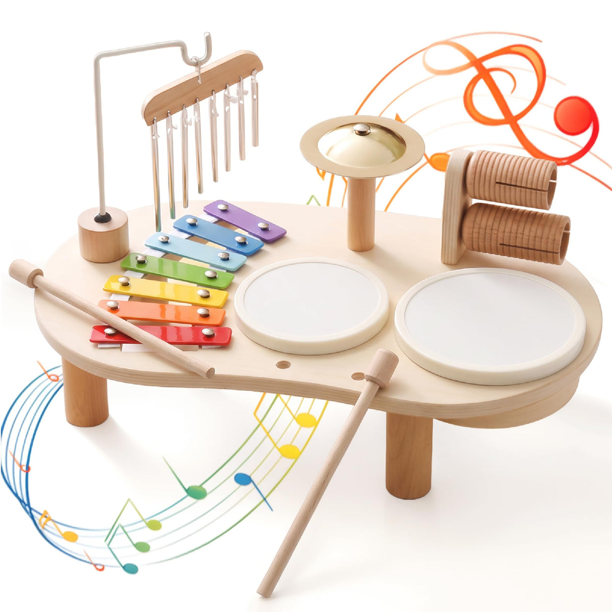 Wooden Drum Set for Toddlers 1-3, Montessori Musical Toy for Kids