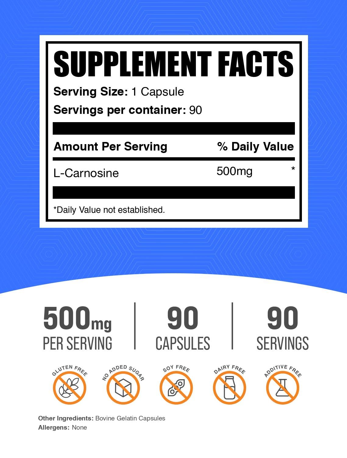 BulkSupplements.com L-Carnosine Capsules - Carnosine Supplement, Antioxidants Supplement, Carnosine 500mg - Gluten Free, 1 Capsule per Serving, 90 Capsules (Pack of 1)