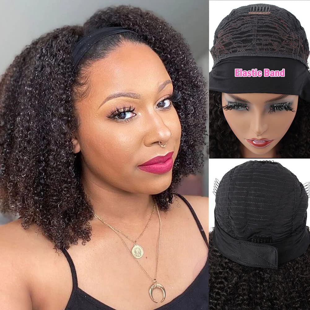 ISEE Hair Afro Kinky Curly Headband Wig Human Hair 180% Density Afro Wigs for Black Women Natural Curls 10A Glueless Human Hair Wigs (14 Inch)
