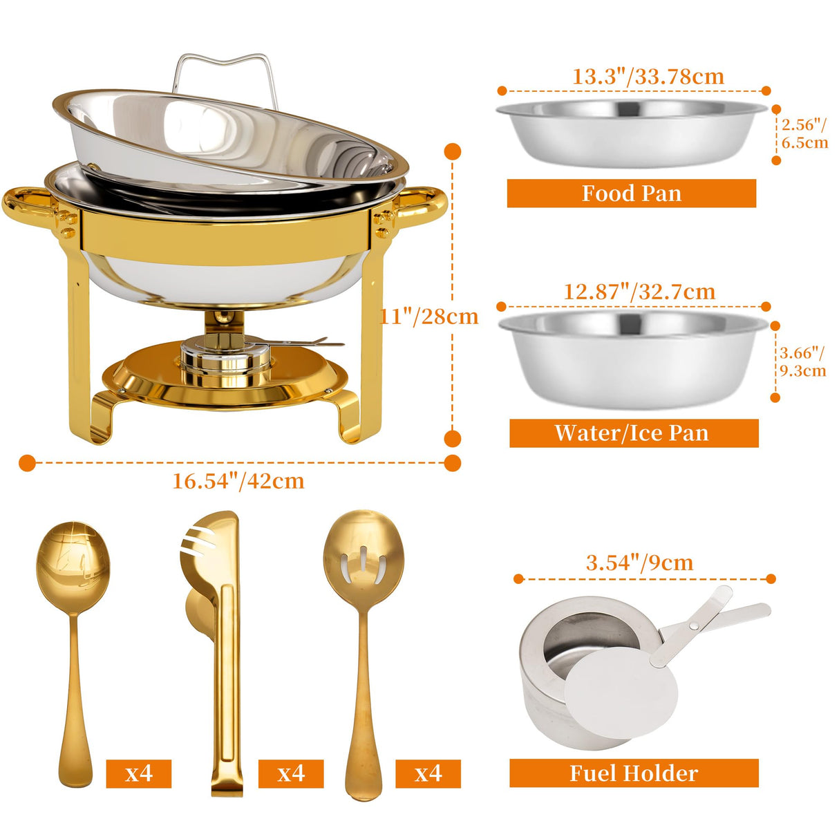 4 Pack Gold Round Chafing Dishes for Buffet, 5 QT Food Warmers and Cold Food Server for Parties, Events Hosting, Family Gatherings, Full Set Catering Supplies with Serving Utensils Accessories