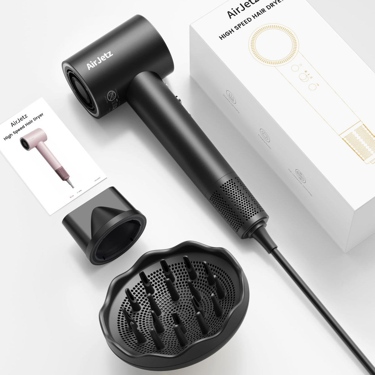 Hair Dryer, 110,000 RPM High-Speed Ionic Blow Dryer for Fast Drying, Professional Lightweight Hairdryer with Diffuser, Magnetic Nozzle, 4 Temps & 2 Speeds, Low Noise for Travel - Black