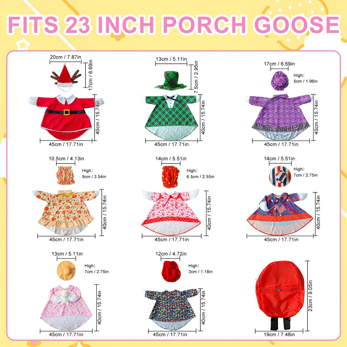 8 Set Holiday Porch Goose Outfits, All Seasons Bundle for Valentine St. Patrick Easter Summer 4th of July Fall Halloween Christmas - 23" Porch Goose Statue Patio Yard Decor