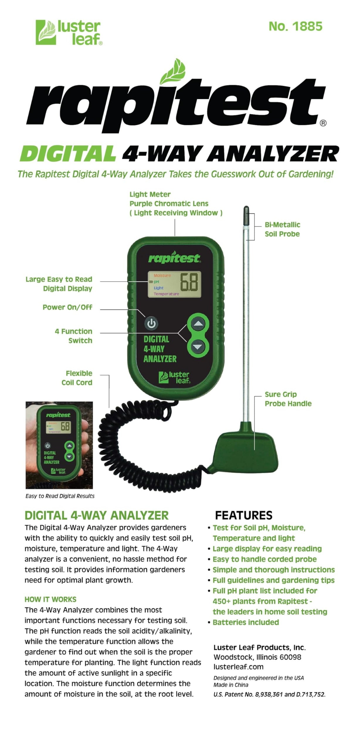 Luster Leaf Rapitest 4-Way Digital Soil Analyzer for pH, Moisture, Temperature, and Light – Designed and Engineered in the USA