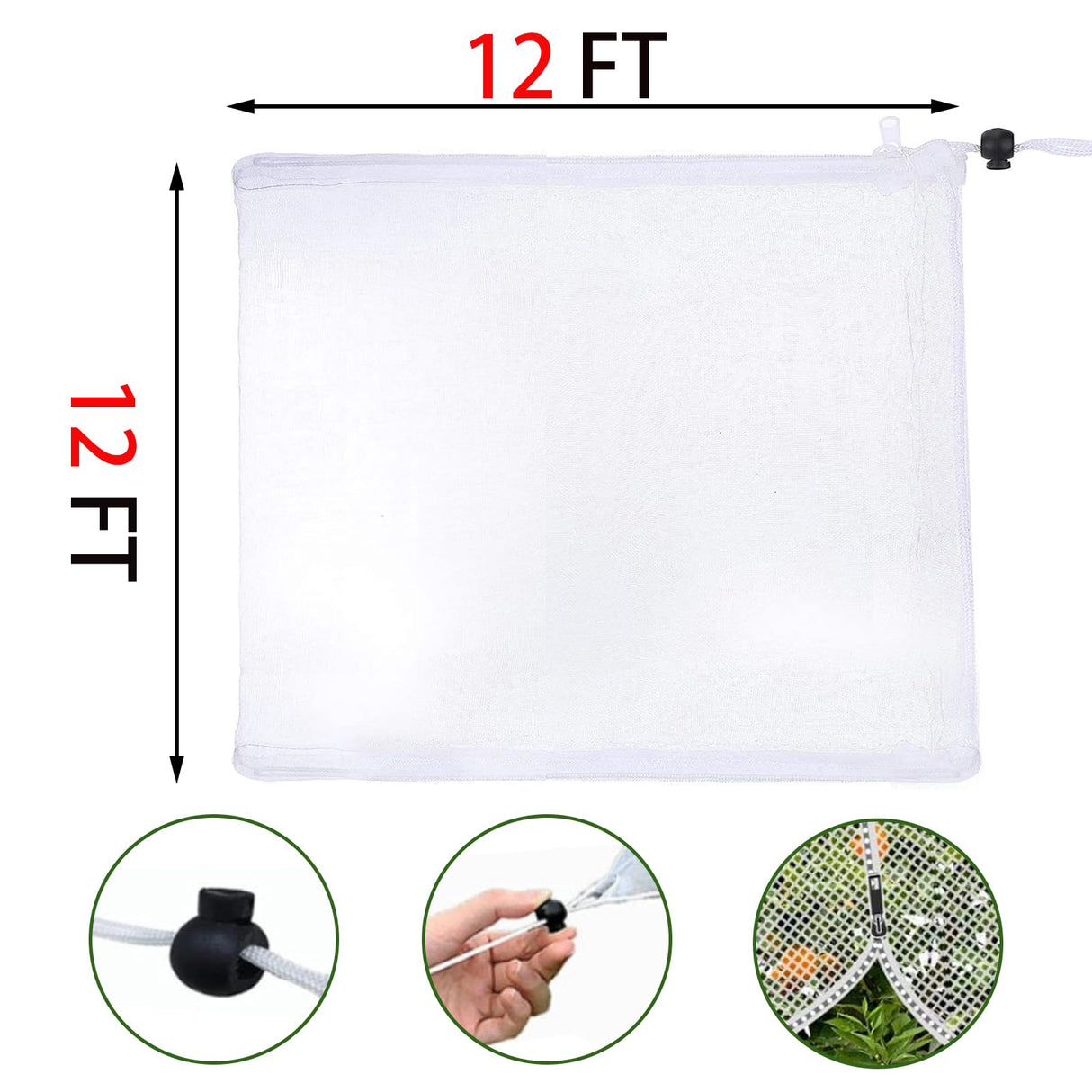 12'x12' Large Fruit Tree Netting with Zipper - Protects Fruit from Squirrels, Birds & Pests, Heavy-Duty Tree Covers for Fruit Trees (White)