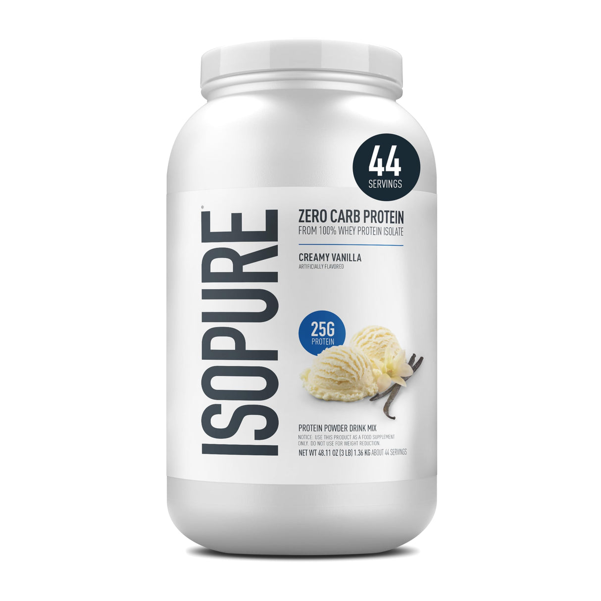 Isopure Zero Carb 100% Pure Whey Isolate Protein Powder, Lactose Free, Gluten Free, With Vitamins, Creamy Vanilla, 25g Protein Per Serving, 3 Lbs, 44 Servings (Packaging May Vary)