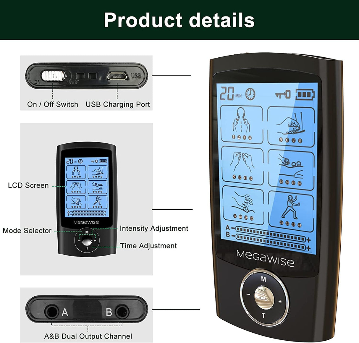 MegaWise 48 Modes（24 * 2） Dual Channel EMS TENS Unit Muscle Stimulator with 14Pcs Reusable Electrode Pads. Rechargeable Continuous Mode Electronic Pulse Massager with Storage Pouch/Pads Holder