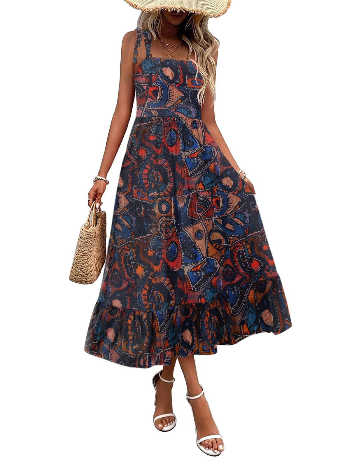 Zeagoo Summer Dress for Women Floral Spaghetti Strap Maxi Dress Casual Tiered Dresses for Women Flowy Dress Vacation Dress with Pockets M