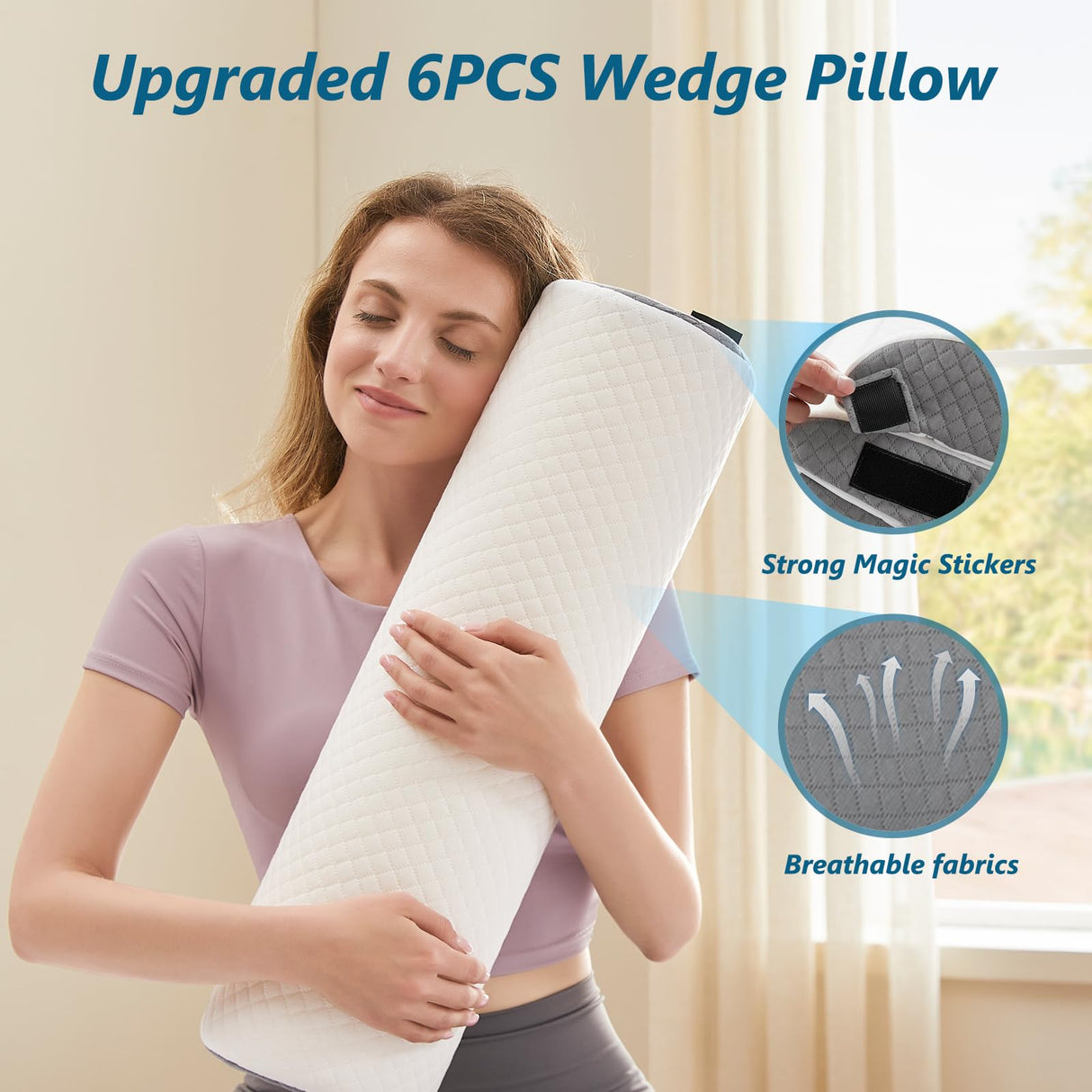 Longering 6PCS Orthopedic Bed Wedge Pillow Set for Sleeping - Post Surgery Pillow Set for Body Back and Leg Pain Relief - Adjustable Pillows for Snoring & Heartburn & Acid Reflux (White Grey)
