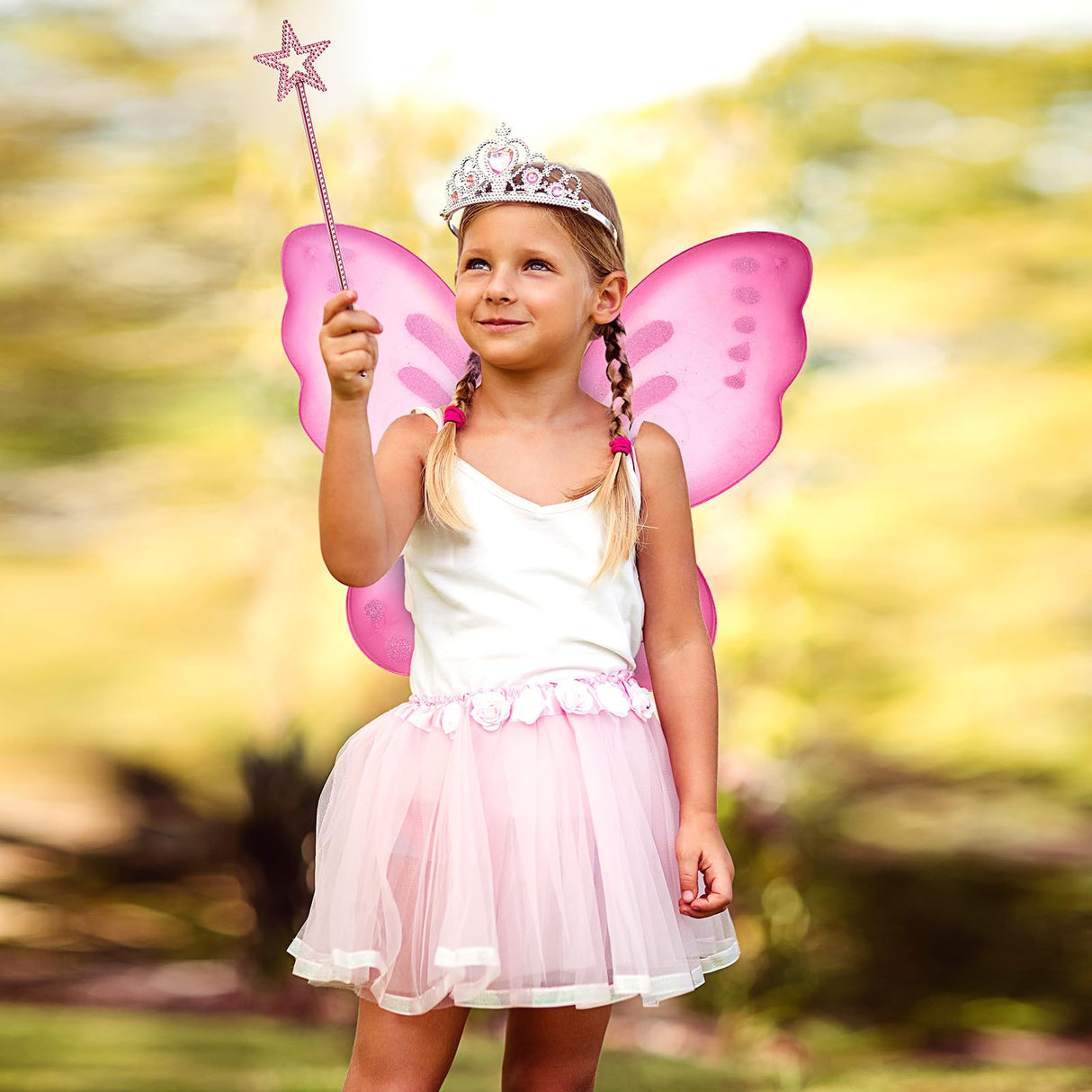 Sratte Fairy Princess Butterfly Wings Girls Kids Butterfly Costumes Set Star Wands Adults Christmas Birthday Party(Pink)