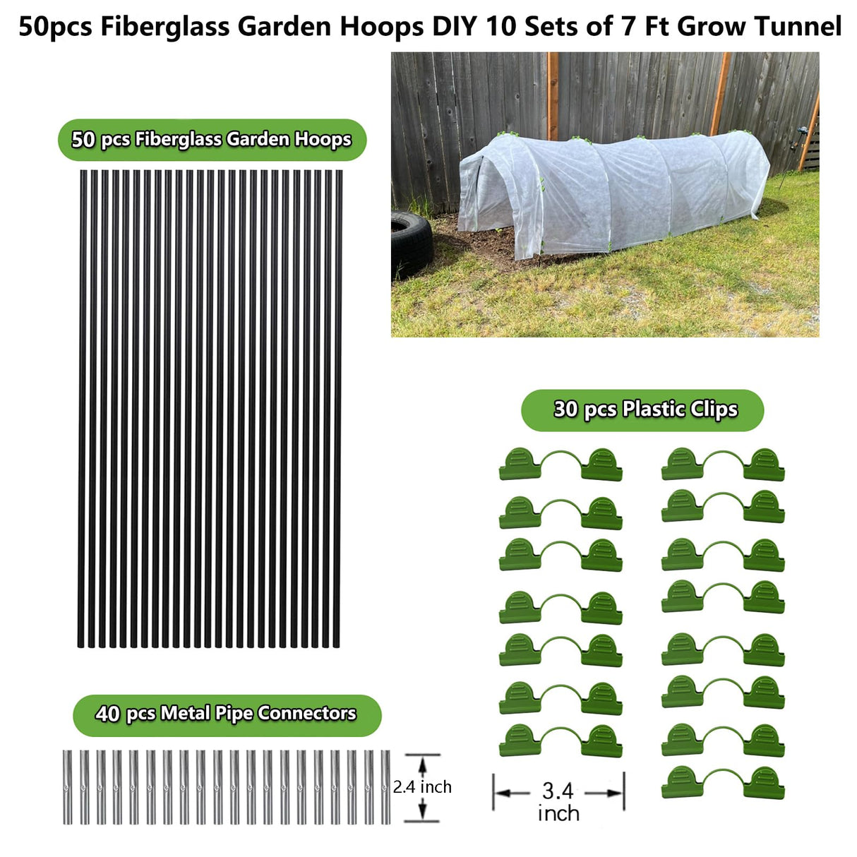 Greenhouse Hoops Grow Tunnel, 10 Sets of 7FT Garden Hoops for Raised Beds, Rust-Proof Fiberglass Frame for Garden Netting, Greenhouse Kit, Plant Shade Cloth, Plant Row Cover, 50 pcs
