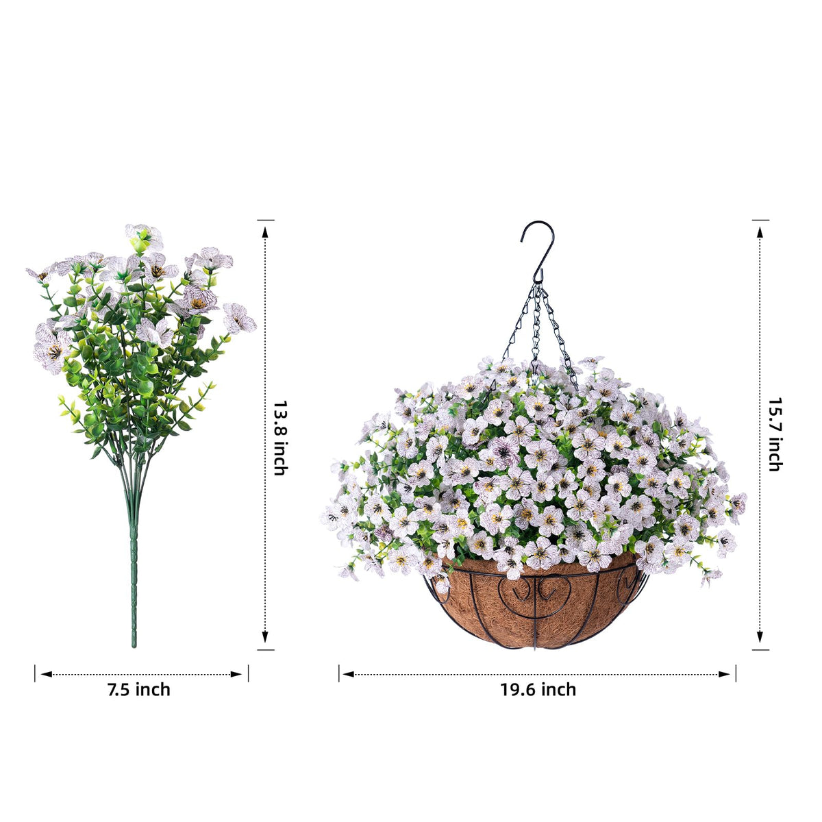 HyeFlora Artificial Fake Hanging White Plants Flowers Basket for Outdo ...
