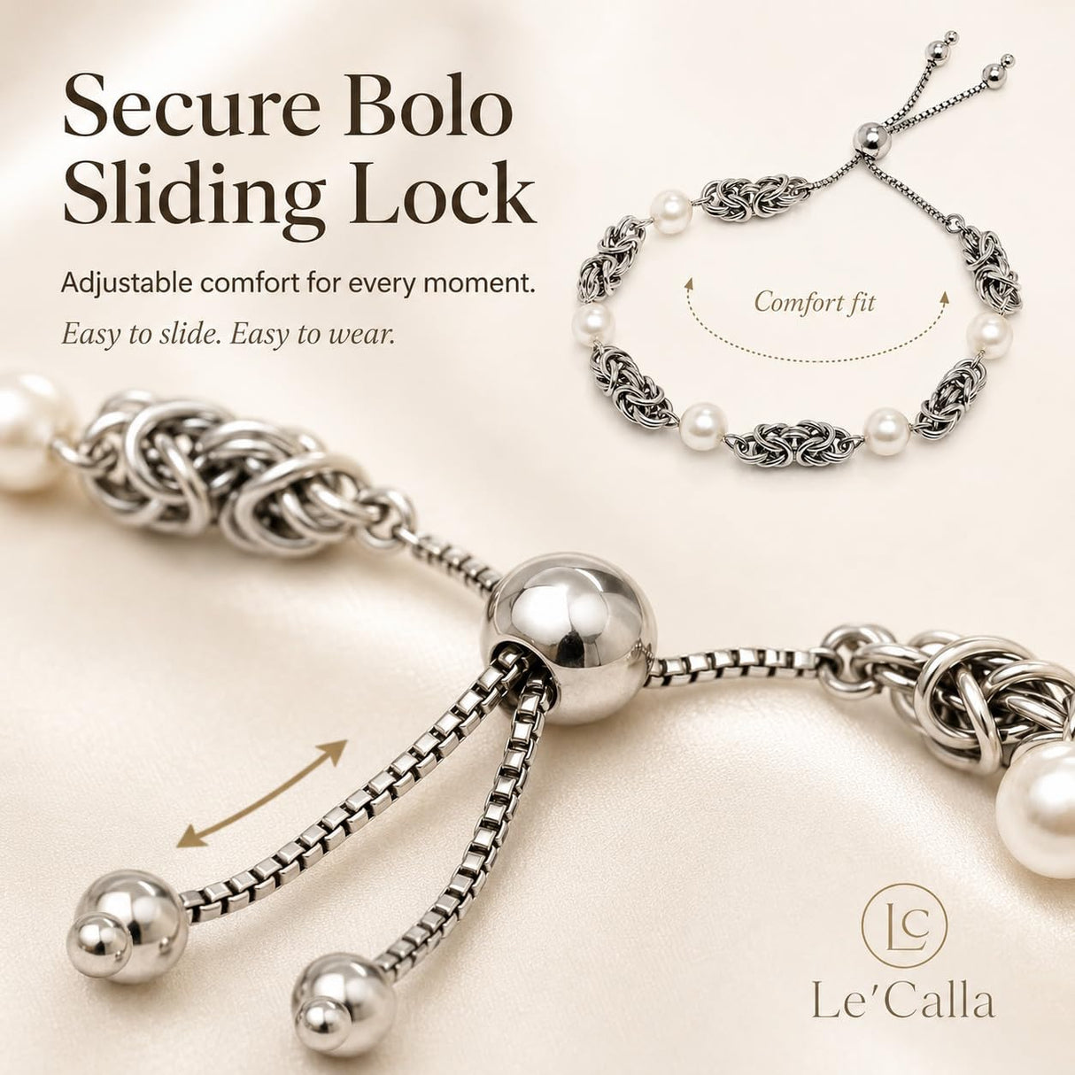 LeCalla 925 Sterling Silver Byzantine Bracelet Jewelry Italian Rhodium Plated Simulated Pearl Beaded Sliding Bolo Bracelet for Women