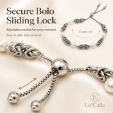 LeCalla 925 Sterling Silver Byzantine Bracelet Jewelry Italian Rhodium Plated Simulated Pearl Beaded Sliding Bolo Bracelet for Women