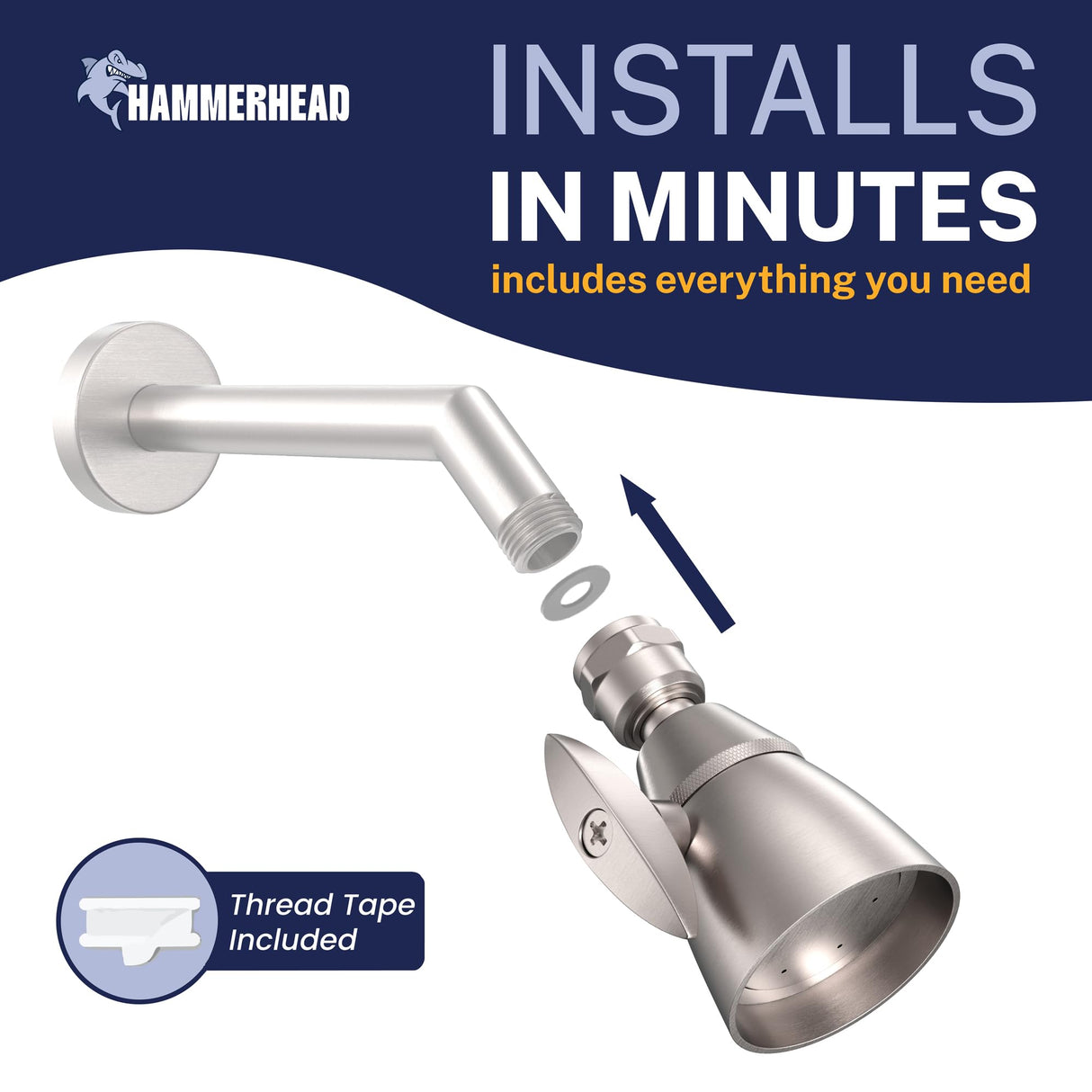 HammerHead Showers® Solid Metal 2 Inch High Pressure Shower Heads - BRUSHED NICKEL – 2.5 GPM Shower Heads High Pressure - High Flow Shower Head with ADJUSTABLE SPRAY PATTERN - Fixed Shower Head