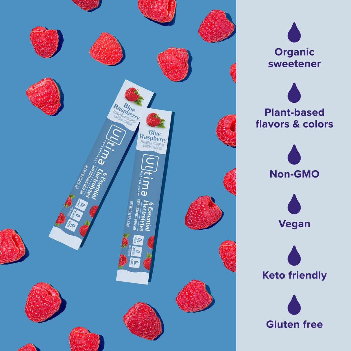 Ultima Replenisher Daily Electrolyte Powder Drink Mix – Sugar Free – Blue Raspberry, 20 Stickpacks – Hydration Packets with 6 Electrolytes and Trace Minerals – Keto Friendly, Vegan, Non-GMO