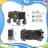 Beach Wagon with Big Wheels for Sand, 10.5" TPU All-Terrain Inflatable Wheels, Heavy Duty Folding Wagon, 150L Large Capacity, Collapsible Cart for Beach, Camping, Garden & Outdoor Sports (Black)