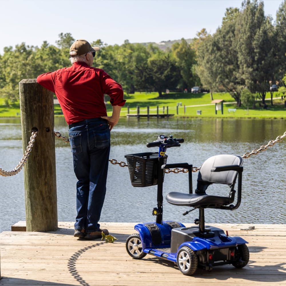 Mobility Scooter for Adults, Senior, Skmc 4 Wheels Electric Powered Chargeable Device for Travel, Lightweight and Portable, with LED Headlights and Basket, Charger Included, Red/Blue (Blue-Blue)