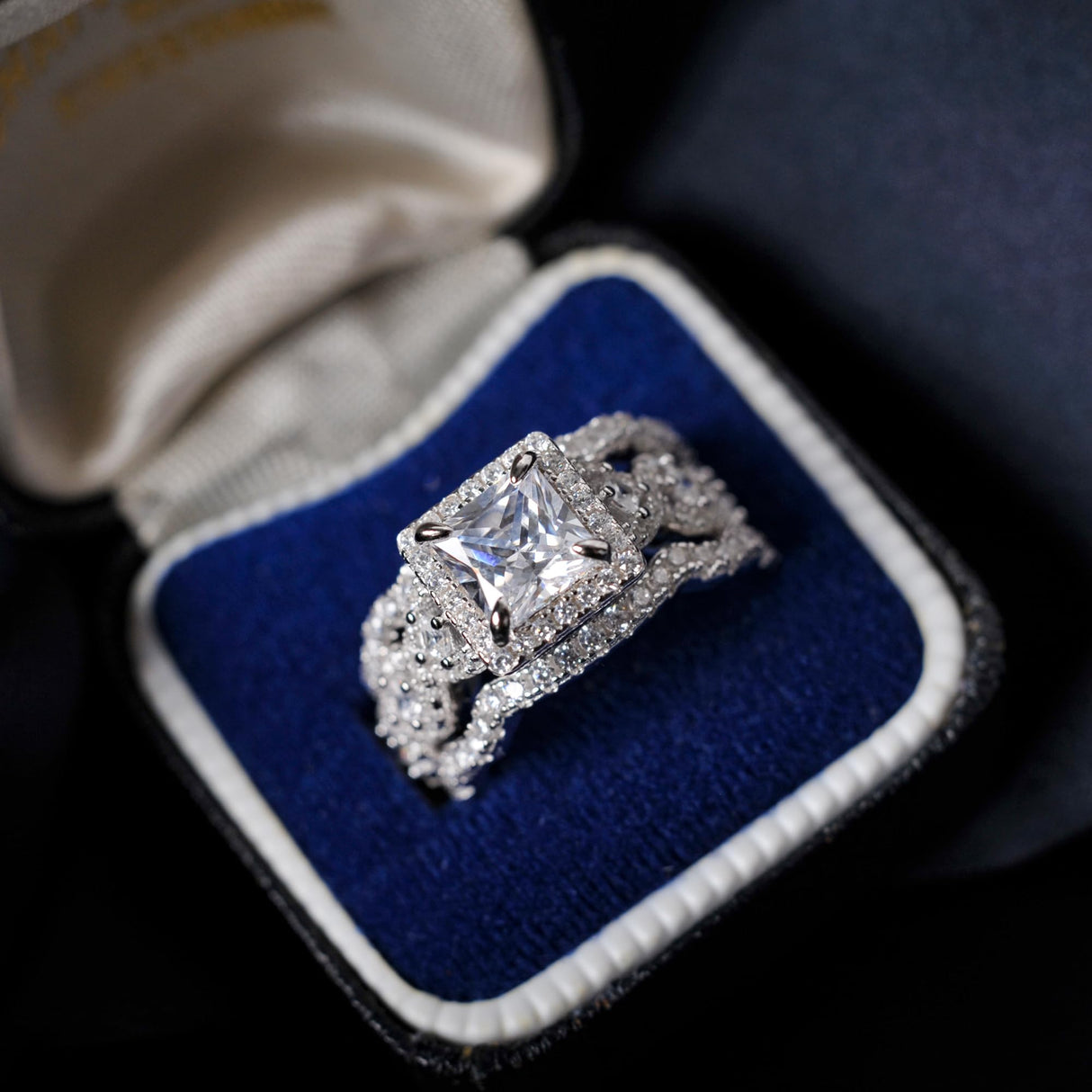 RYANEE Princess Cut Cubic Zirconia Halo Promise Engagement Ring For Women in 925 Sterling Silver, Simulated Diamond 14k White Gold Plated CZ Stackable Rings For Her, Wedding Band Bridal Ring Set 6