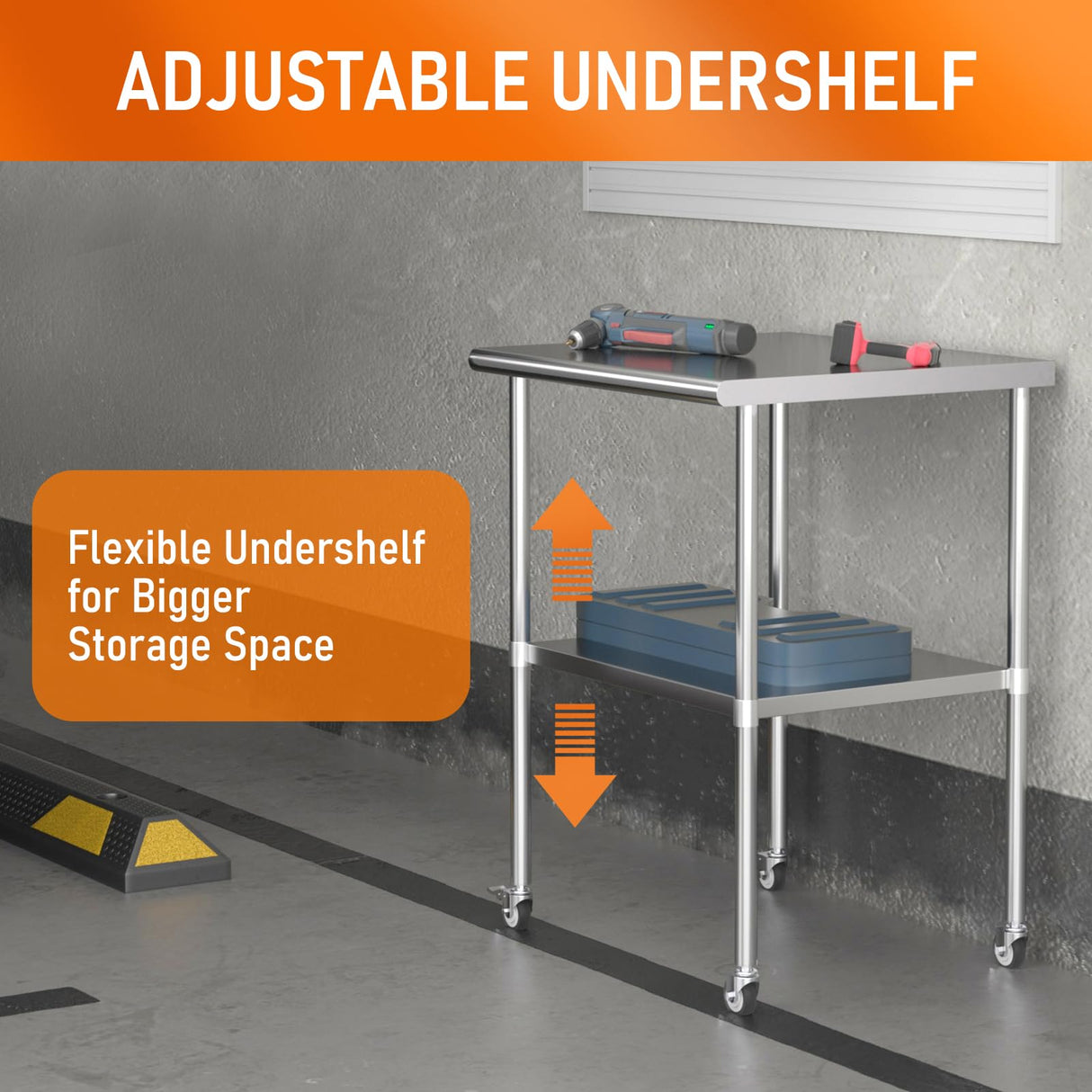HOCCOT Stainless Steel Table with Wheels 30" x 30" Utility Worktable with Adjustable Undershelf for Commercial Kitchen, Garage, Restaurant