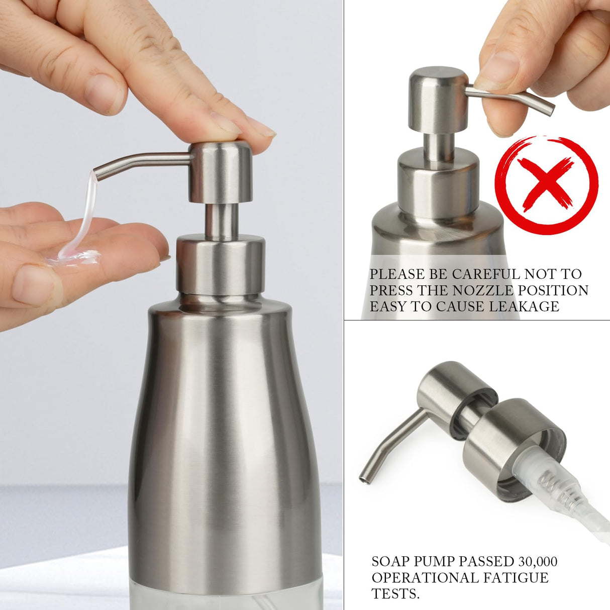 Gaussra Kitchen Soap Dispenser Set with Silicone Tray and Stickers - Brushed Nickel, Stainless Steel Glass Soap Dispenser Bathroom, Refillable Hand Dish Dispenser for Kitchen Sink