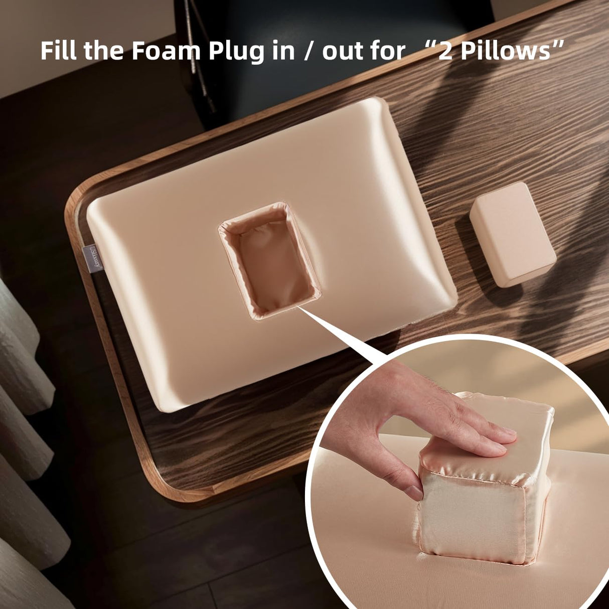 USlixury Piercing Pillow - Ear Piercing Pillow with Foam Plug, 4''H Mini Donut Plilow with 4.7x3.2 Off Center Ear Hole, CertiPUR-US Memory Foam Hole Plilow for Side Sleeper, Satin Cover, Champagne