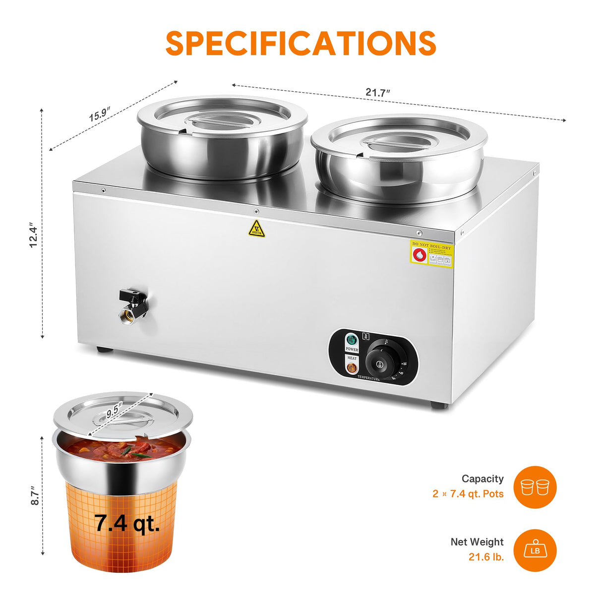 WILPREP Commercial Food Warmer with Two 7.4 QT Inserts, 1500W Countertop Electric Steam Table, 86-185°F Adjustable Temp Control & Over-Temp Protection, Stainless Steel