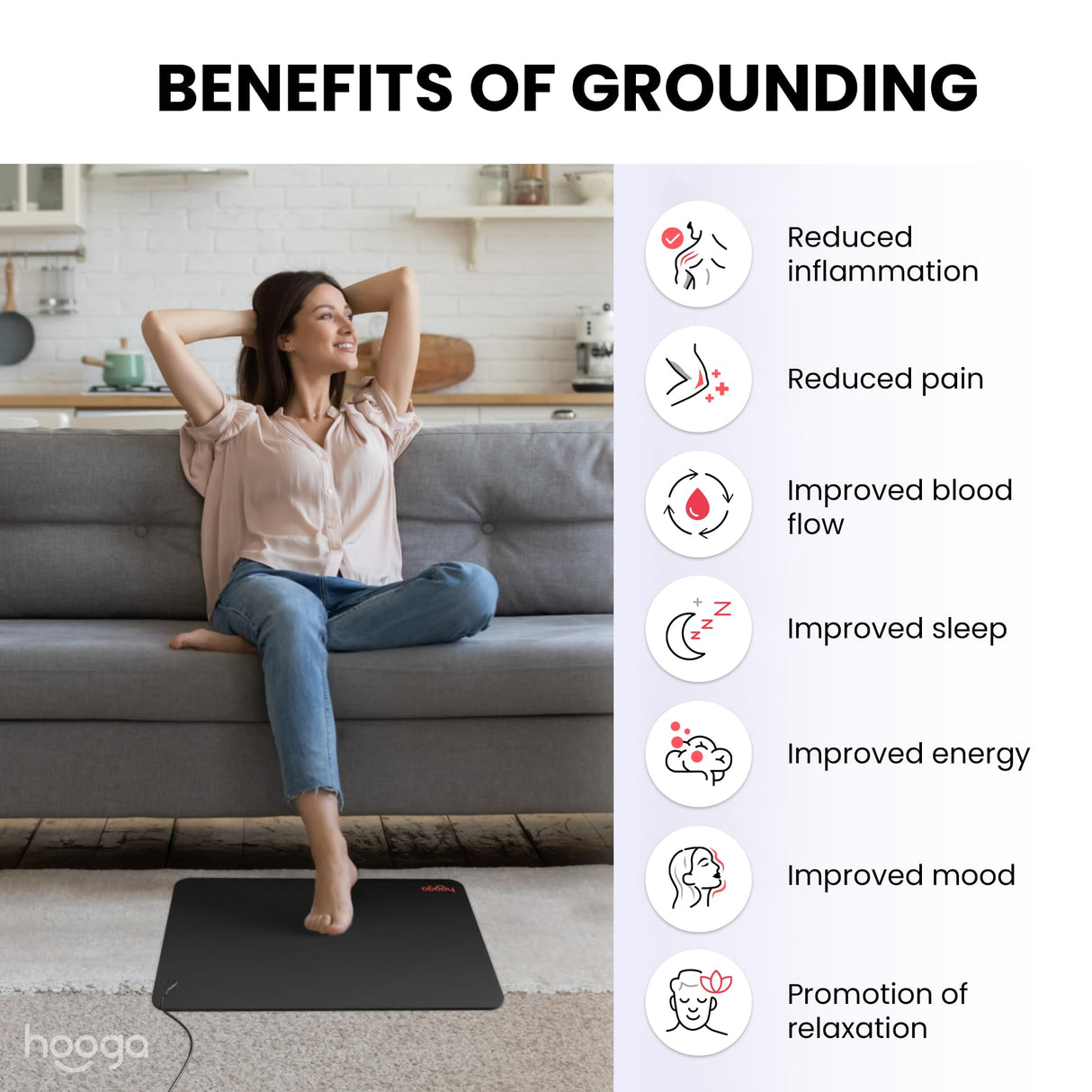 Hooga Grounding Mat for Sleep, Energy, Pain Relief, Inflammation, Balance, Wellness. Earth Connected Therapy. Indoor Grounding at Home, Office, Work. 15 Foot Cord Included. Conductive Carbon (2 Pack)