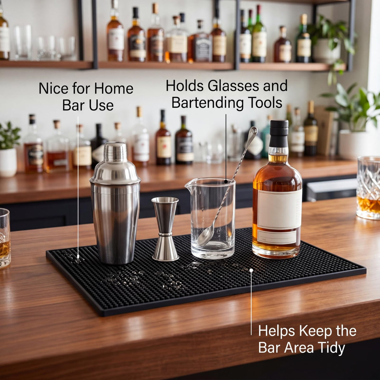 Tioncy 2 Pcs Bar Mat for Countertop 18 x 12 Inch Black Non Slip Look Service Spill Mat for Cocktail Bartending Coffee Station Restaurant Barber Tools Dish Drying Home Bar Pads