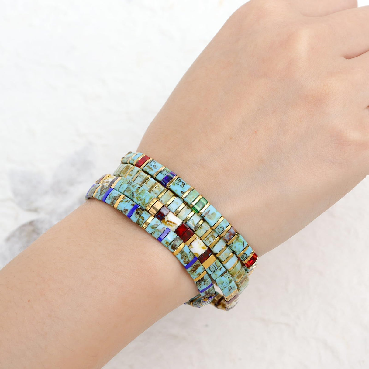 Tyebiva Tila Flat Beaded Bracelets Set for Women, 4Pcs Trendy Handmade Glass Turquoise Colorful Stack Beads Stretch Bracelet Festive Holiday Accessories Jewelry Gift.