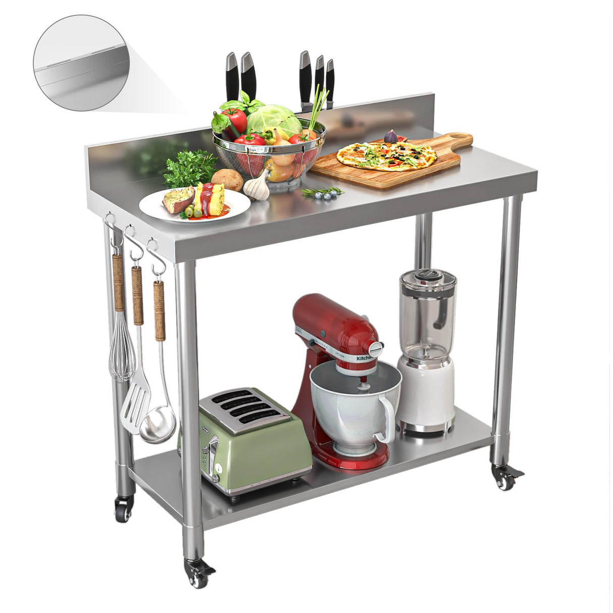 JFHID 48"x18" Stainless Steel Table with Wheels, Backsplash and Knife Blocks, Prep Tables for Commercial Kitchen Steel Countertop Work Table Workbench for Home Restaurant Garage