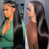 Iris Queen 28 Inch Straight HD Lace Front Wigs Human Hair Pre Plucked 12A 180 Density 13x4 Transparent Lace Frontal Wig with Baby Hair Natural Black for Women