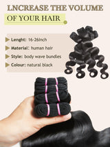 Human Hair Bundles 4 Bundles Hair Extensions Body Wave Human Hair 16 18 20 22 Inch 100% Unprocessed Brazilian Virgin Hair Quick Weave Natural Black