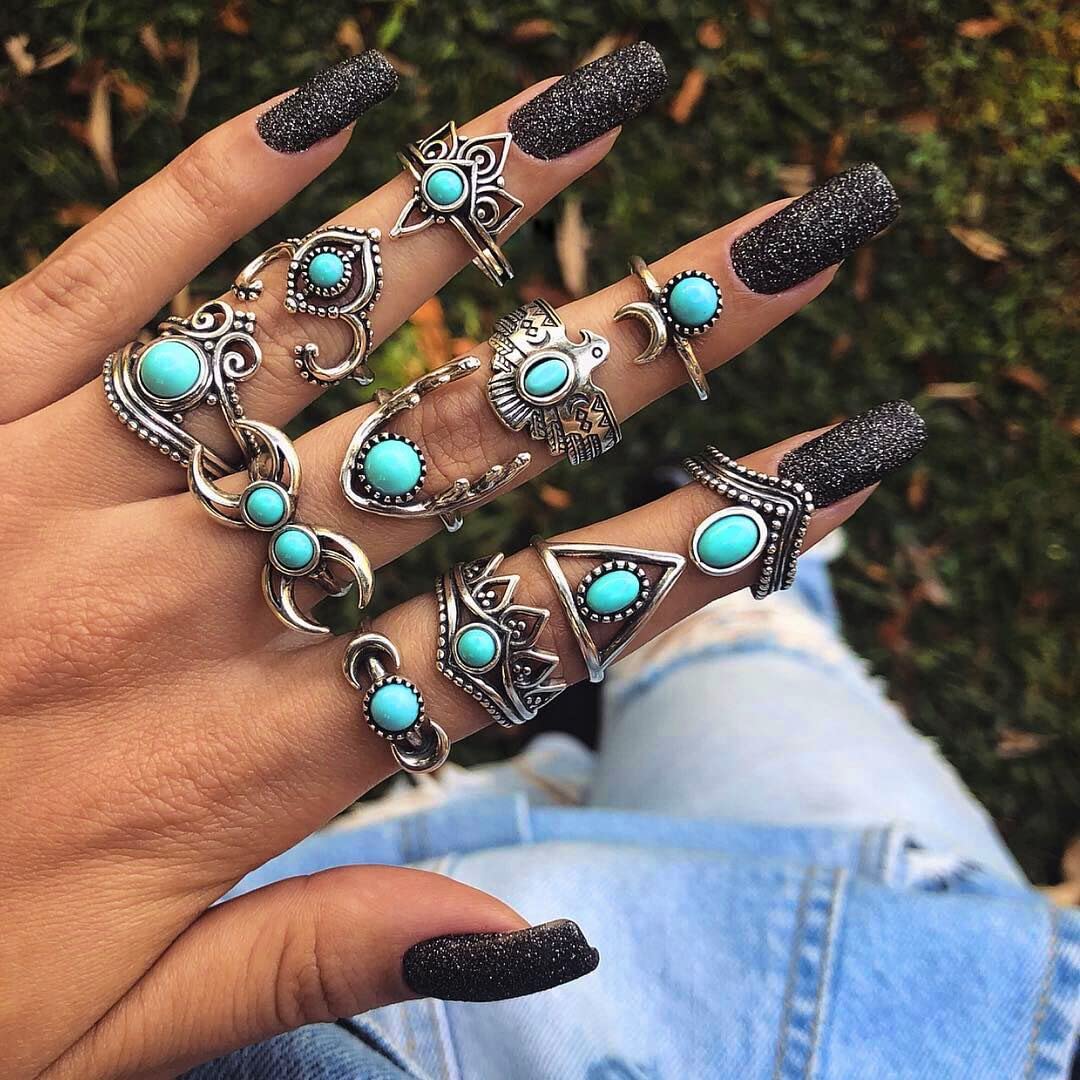 BVGA 40 Pcs Vintage Turquoise Rings for Women Bohemian Silver Oval Gemstone Western Rings Boho Joint Knuckle Midi Stacking Ring Set Gifts