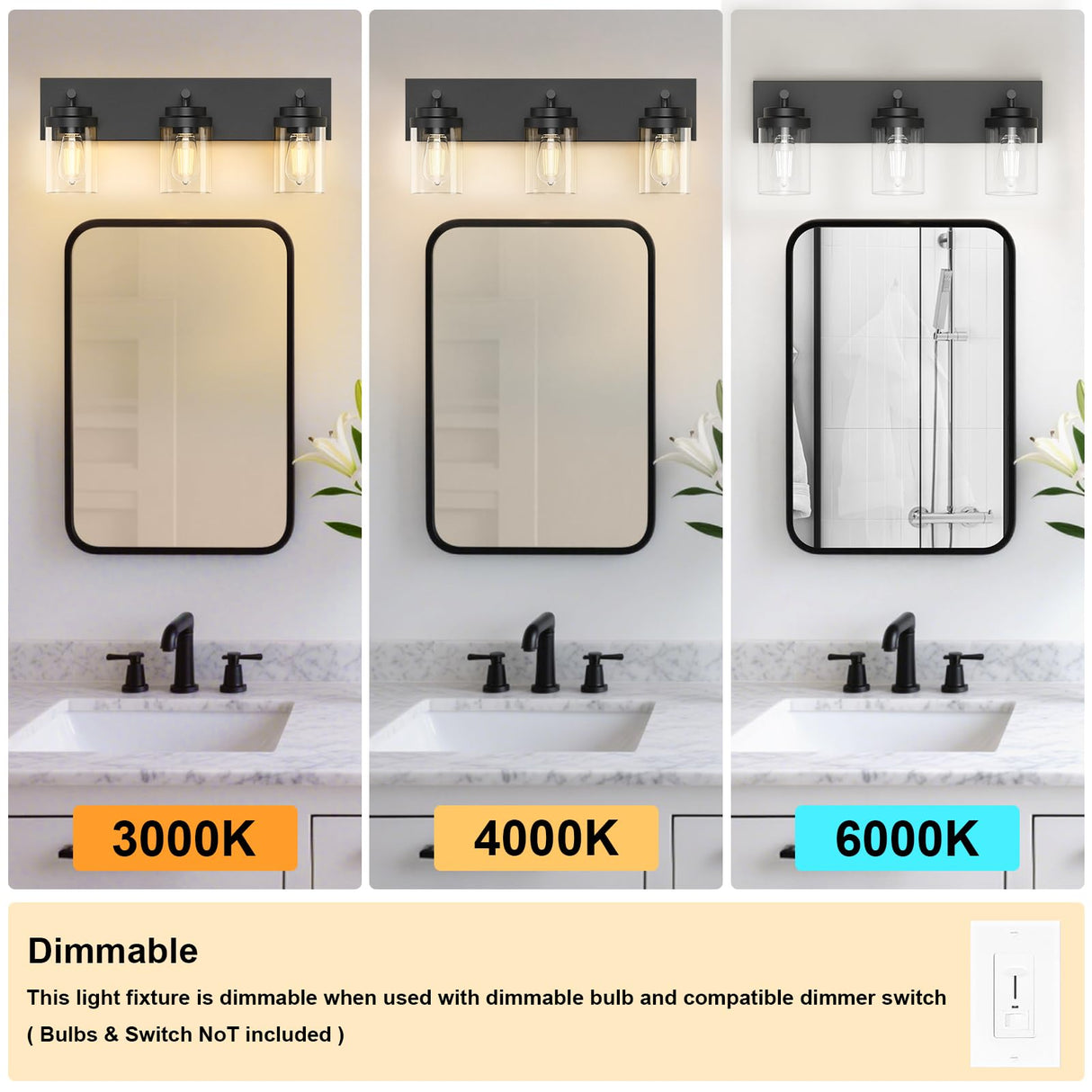 IZORRO Bathroom Vanity Light Fixture, 3-Light 22 Inch Matte Black Bathroom Light Fixtures Over Mirror, with Clear Glass Shade, Modern Farmhouse Vanity Lights, Rustic Restroom Lighting Fixtures