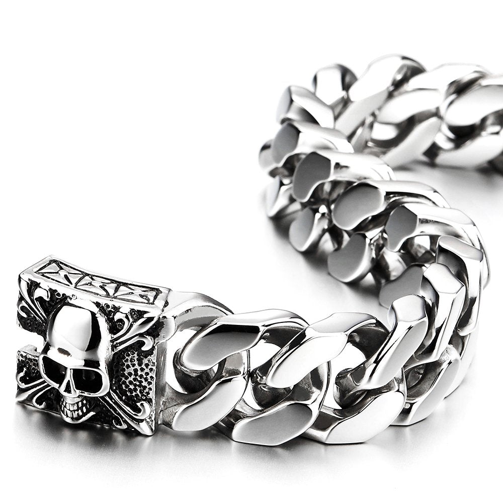COOLSTEELANDBEYOND Men's Stainless Steel Cuban Link Curb Chain Bracelet With Skull Box Clasp, Heavy and Sturdy Biker Gothic Punk Jewelry Gift