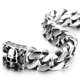 COOLSTEELANDBEYOND Men's Stainless Steel Cuban Link Curb Chain Bracelet With Skull Box Clasp, Heavy and Sturdy Biker Gothic Punk Jewelry Gift