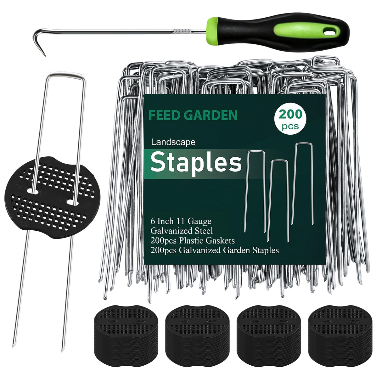 FEED GARDEN Landscape Staples 6 Inch 200 Pack Kit, Heavy Duty 11 Gauge Hot-Dip Galvanized Garden Stakes with 200 Gaskets & 1 Pick Hook for Weed Barrier, Landscape Fabric, Sod, Turf & Garden Edging