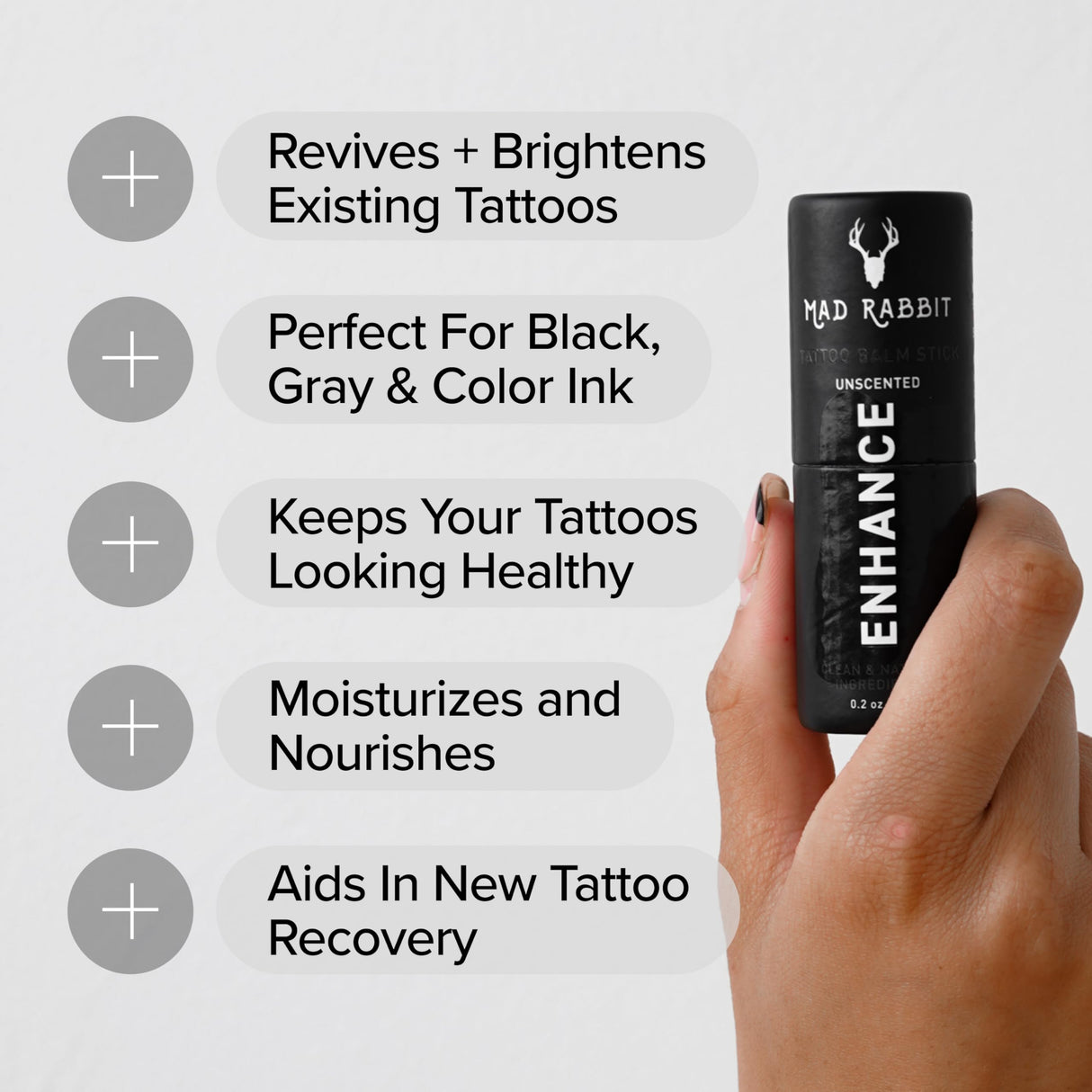Mad Rabbit Enhance Tattoo Balm Stick-Tattoo Aftercare Brightener & Moisturizer, Clean, Color Enhancement, Fragrance-Free (.2oz)