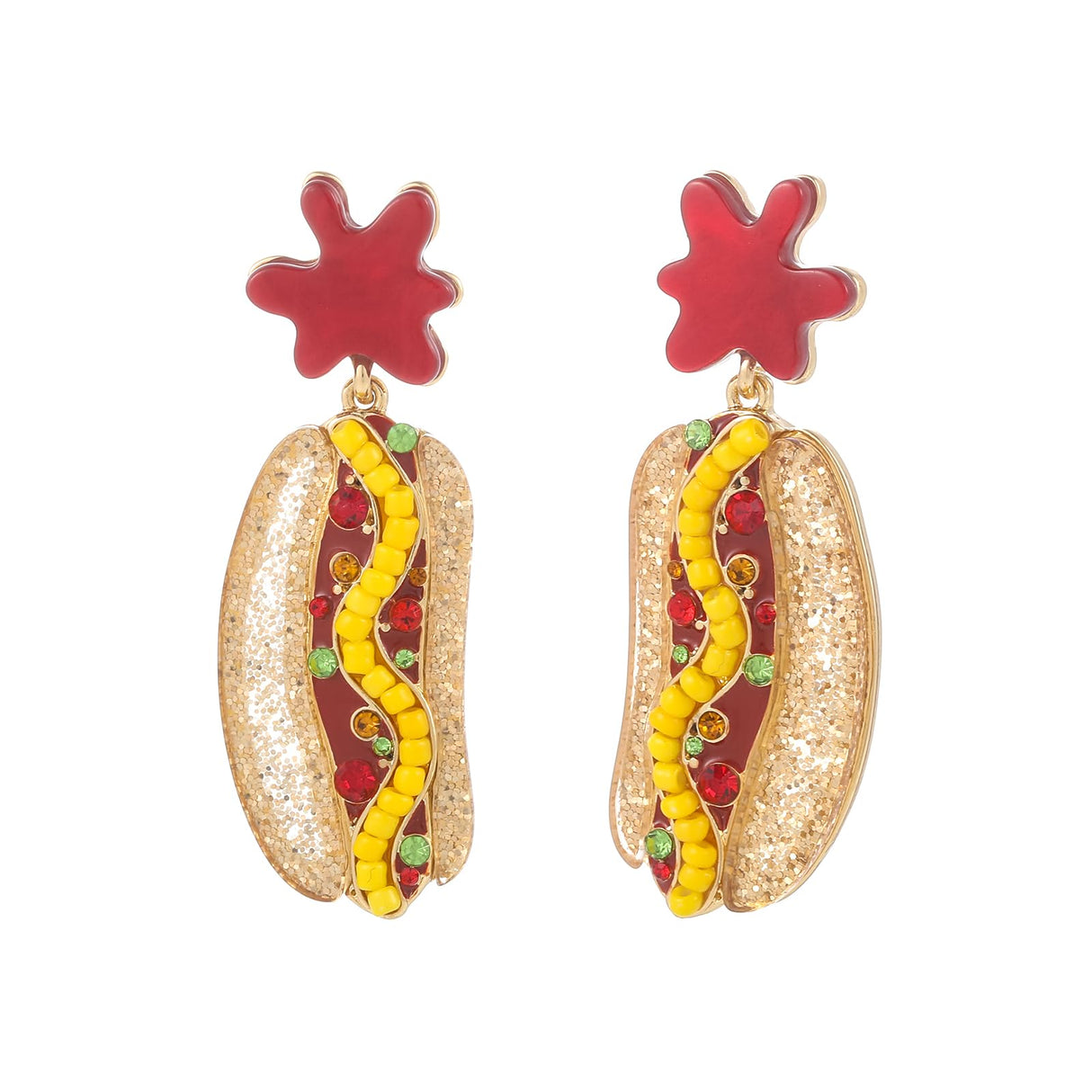 Madison Tyler Hot Dog Dangle Earrings Ketchup Splash Funny Food Jewelry