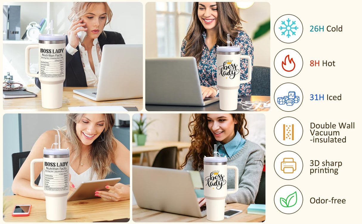 LiqCool Boss Gifts for Women - 40 oz Tumbler with Handle and Straw Lid, Great Gift Idea for Bosses Day, Birthday, Christmas (Cream)