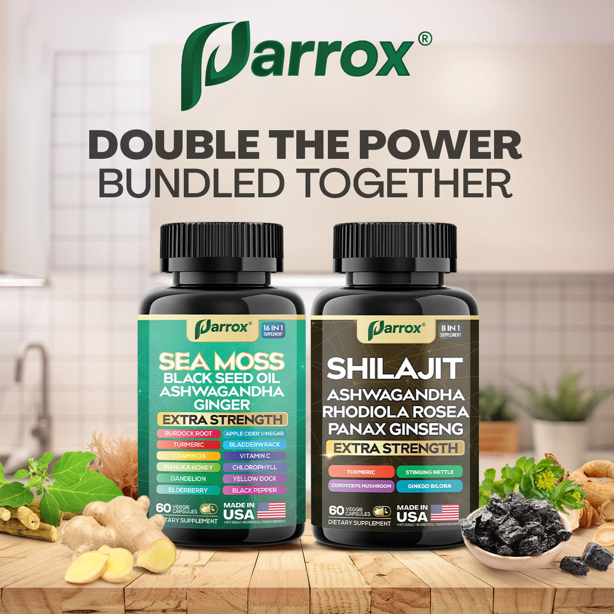 Parrox Shilajit and Sea Moss Bundle, Sea Moss 350mg, Black Seed Oil 200mg, Ashwagandha 100mg, Turmeric, Shilajit 300mg, Rhodiola Rosea 100mg, Panax Ginseng 50mg, Dynamic Vitality Bundle (1 Pack)