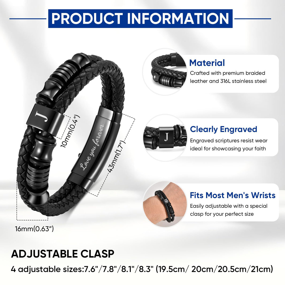 Initial Leather Bracelets for Men, Double-Row Braided Adjustable Wristband