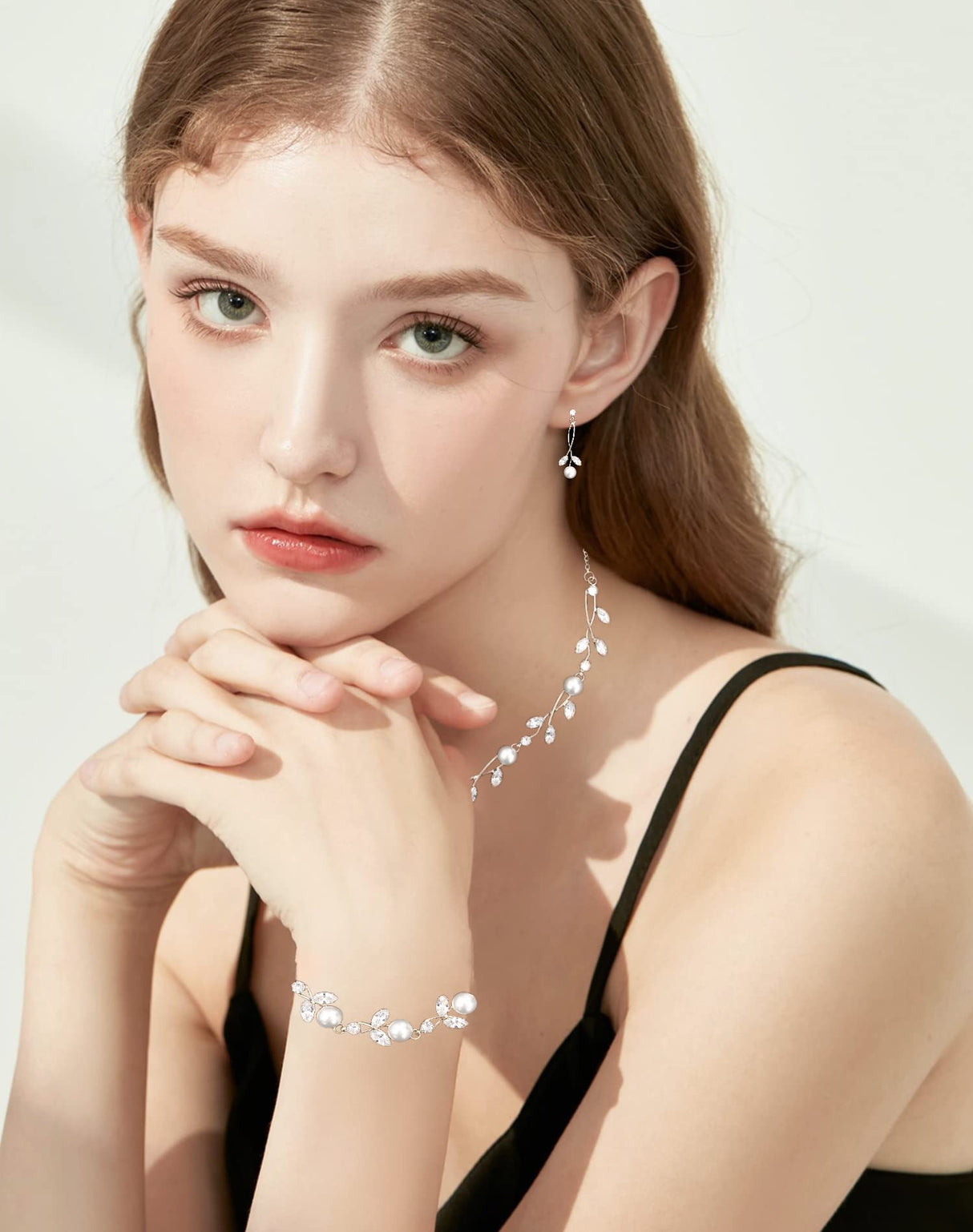 Enrwin Luxury Cubic Zirconia Aurtrian Crystal Pearl Floral Necklace Dangle Earrings Link Bracelet Set Wedding Bridal Jewelry Set Birthday Gifts for Her, Style2-Clear-Silver Plated