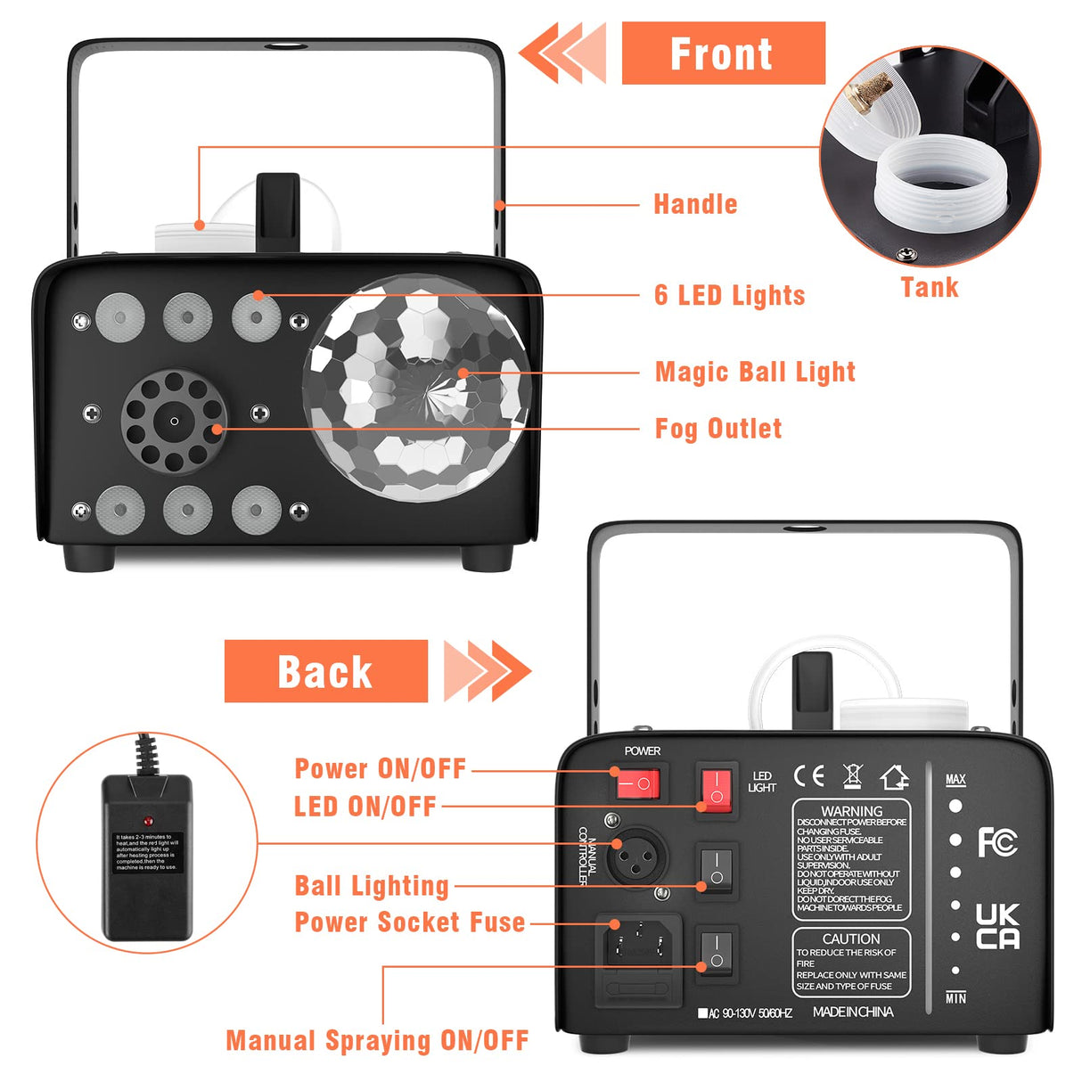 HAKUTA Fog Machine, Smoke Machine with Disco Ball Light and LED RGB Lights, 3000 CFM Spray with Auto Spray Function, Great for Halloween, Christmas, Wedding, Stage Performance and Parties