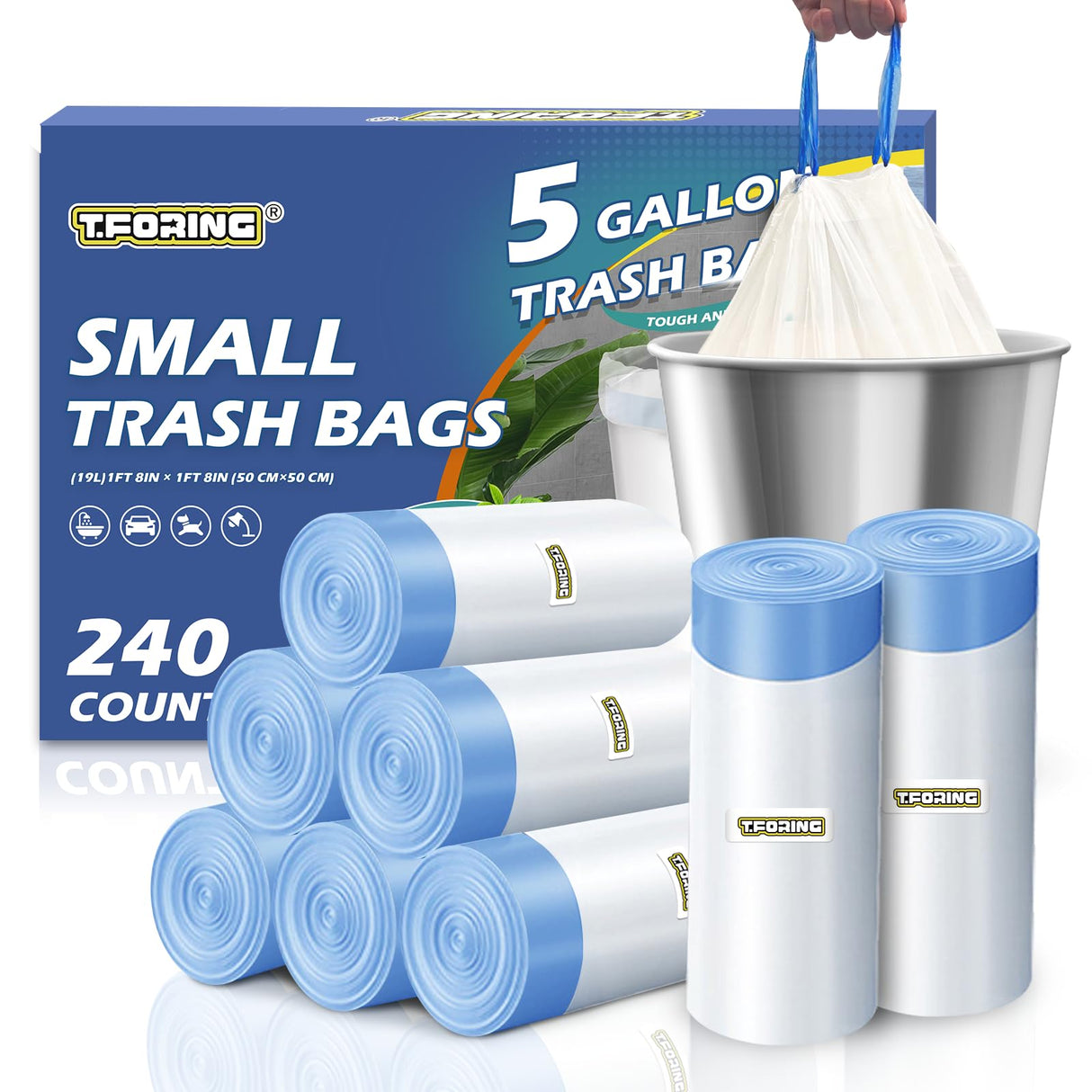 240 Count 5 Gallon Trash Bags Drawstring 1.1 Mil - 18 Liter Small Garbage Bags for Bathroom, Strong Unscented White Plastic Wastebasket Bin Liners for Kitchen Office Toilet and Bedroom