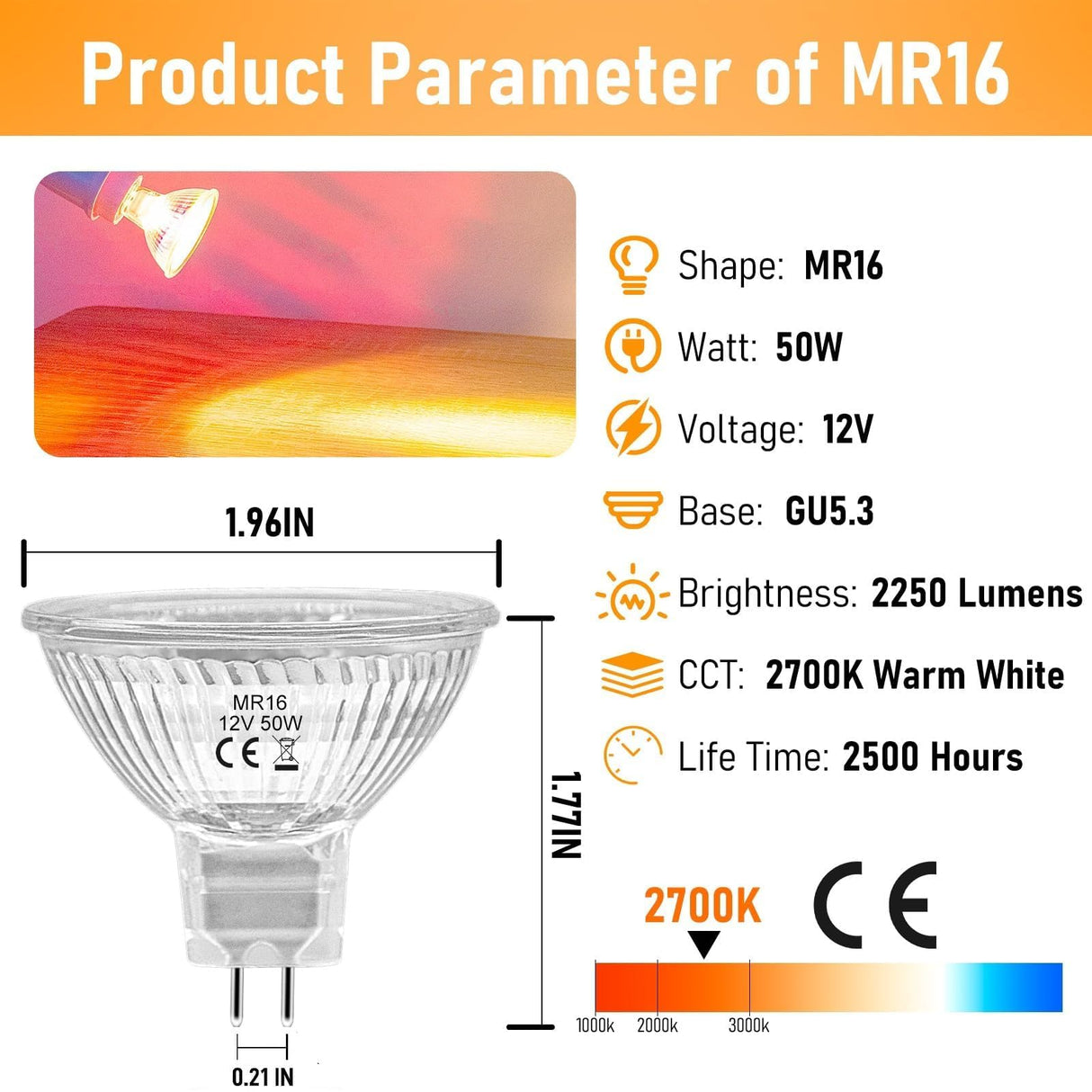 Jaenmsa MR16 Halogen Bulbs 50W,6 Pack 12V 50W MR16 Light Halogen Bulbs 2 Pin GU5.3 Base Dimmable with Clear Glass Cover,High Output 2700K Warm White mr16 Light Bulb for Landscape Lights, Track Lights