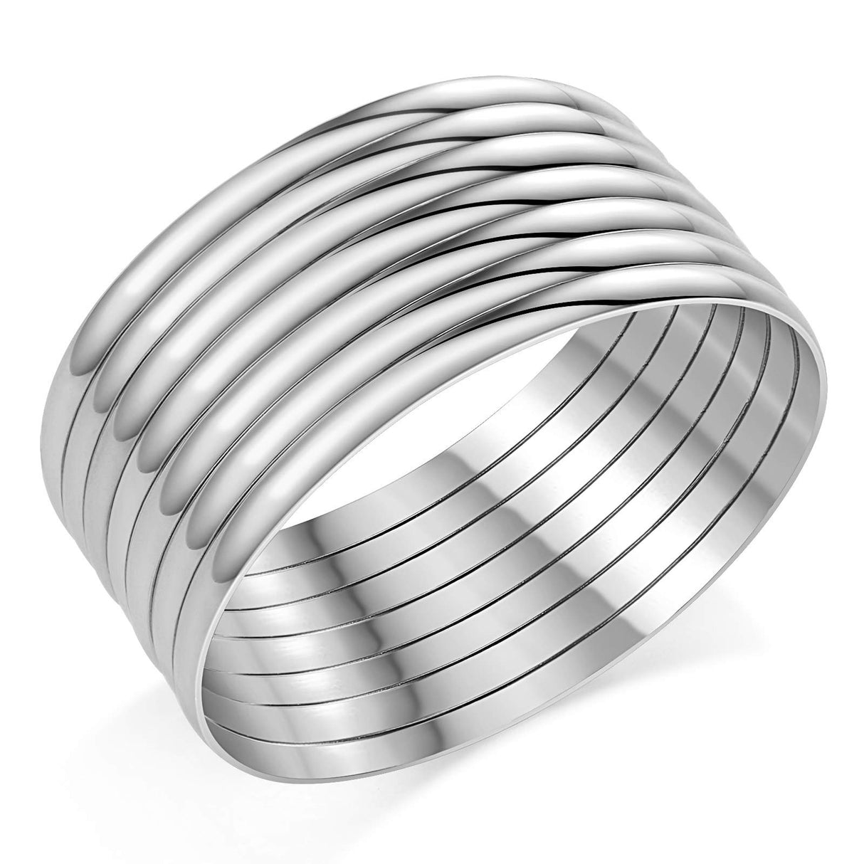Castillna Glossy Stainless Steel Bangle Bracelets Set for Women, Silver, Set of 7 Pieces, 7.8 inches